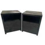 A PAIR OF CONTEMPORARY BLACK LACQUERED TWO DRAWERS BEDSIDE CABINETS. (h 61cm x d 41cm x w 50cm)