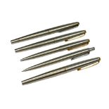 A COLLECTION OF FIVE PARKER STAINLESS STEEL PENS Three fountain pens, two ball point pens. (5)