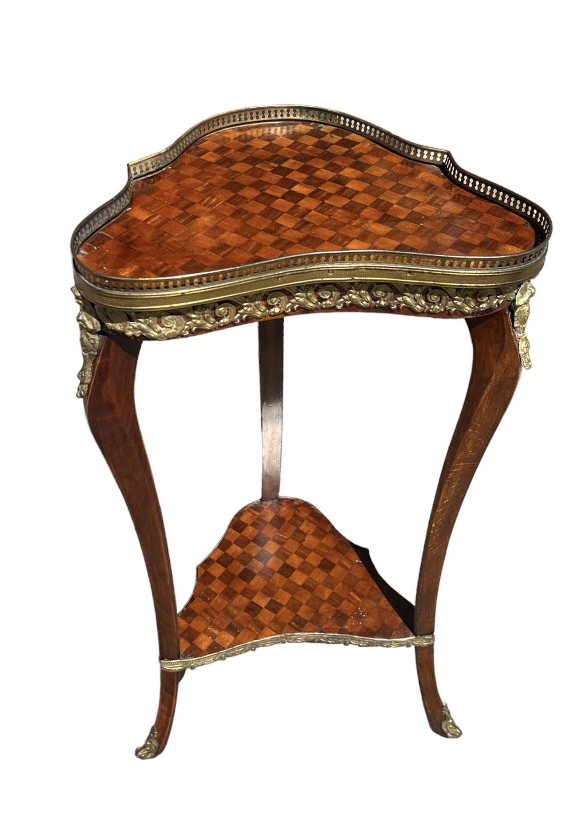 A LOUIS XVI DESIGN FRUITWOOD AND GILT METAL MOUNTED TWO TIER OCCASIONAL TABLE. (h 81cm x d 28.5cm - Image 2 of 4