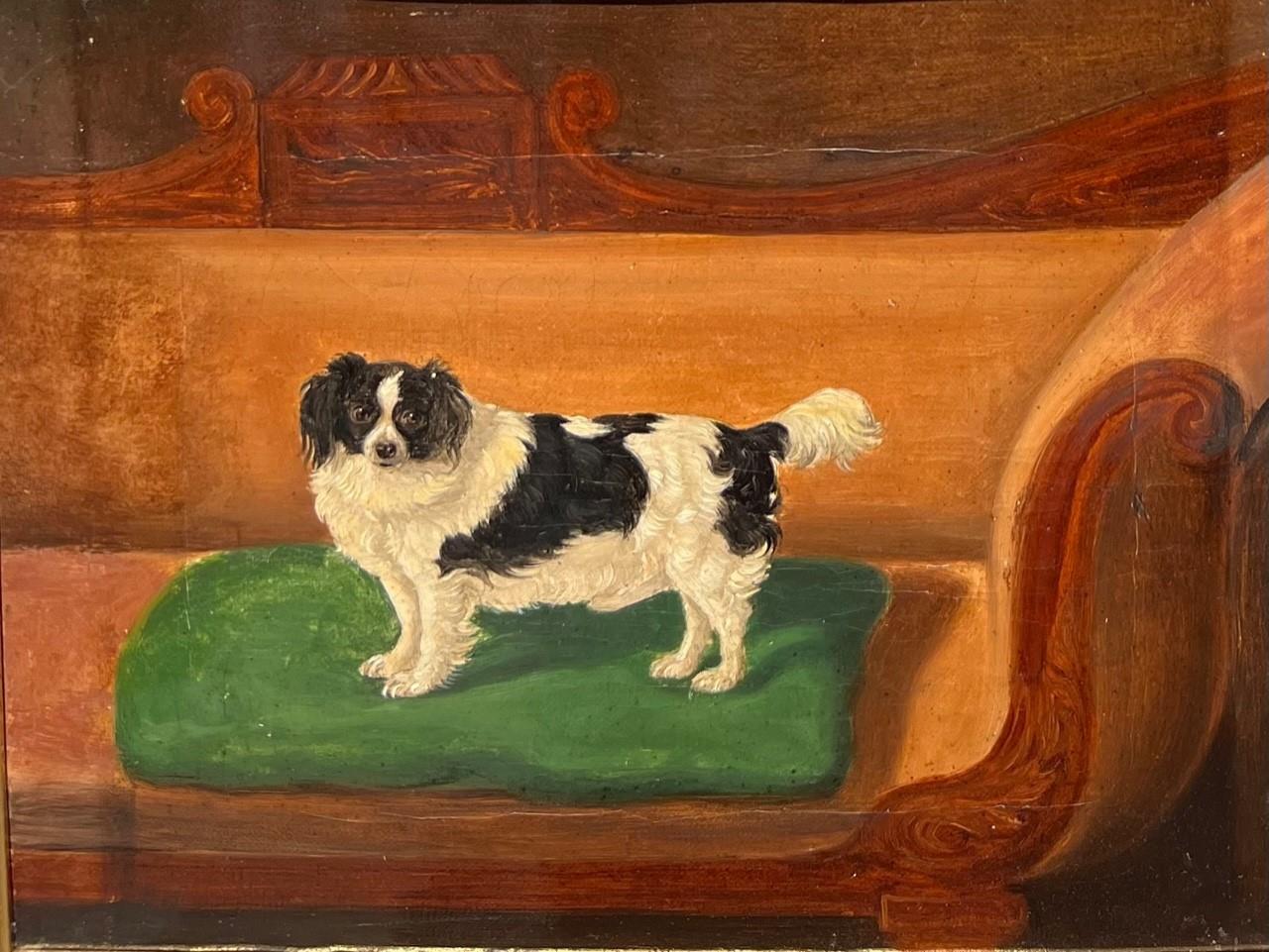 AN EARLY 19TH CENTURY OIL ON CANVAS, PORTRAIT OF AN ENGLISH SPANIEL Seated on a regency settee, held