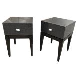 A PAIR OF CONTEMPORARY FAUX LEATHER LACQUERED SINGLE DRAWER BEDSIDE TABLE Raised on square