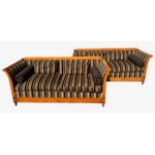A LARGE DECORATIVE PAIR OF EMPIRE DESIGN UPHOLSTERED SHOW WOOD FRAMED SETTEE'S, with loose scattered