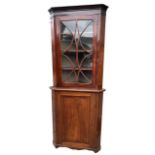 A 19TH CENTURY MAHOGANY CORNER CABINET With glazed door opening to reveal shelf interior above a