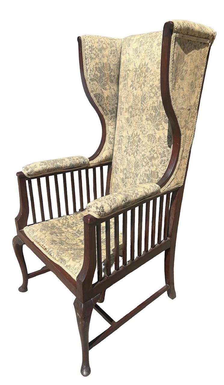 AN ART EDWARDIAN MAHOGANY WINGBACK UPHOLSTERED ARMCHAIR Raised on cabriole legs. (h 131cm x d 62cm x - Image 3 of 4