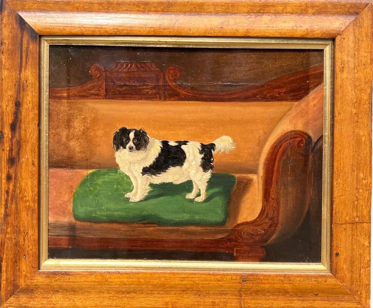 AN EARLY 19TH CENTURY OIL ON CANVAS, PORTRAIT OF AN ENGLISH SPANIEL Seated on a regency settee, held - Bild 2 aus 5