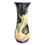 MOORCROFT, A VINTAGE BLACK TULIPS VASE, DESIGNED BY SALLY TUFFIN, DATED 1991. (h 21cm x diameter 8.