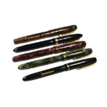 THREE BURNHAM FOUNTAIN PENS HAVING 14CT GOLD NIBS, TOGETHER WITH MABIE & TODD FOUNTAIN PEN WITH 14CT