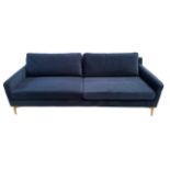 A CONTEMPORARY TWO SEAT BLUE UPHOLSTERED SETTEE Raised on gilt metal legs. (h 70cm x d 67cm x w