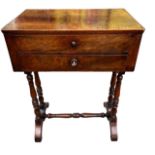 A 19TH CENTURY MAHOGANY WORK TABLE With two drawers, raised on turned legs joined by stretcher. (h