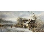 A 20TH CENTURY CONTINENTAL SCHOOL OIL ON PANEL, WINTER LANDSCAPE, HORSE AND CART BESIDE COTTAGE
