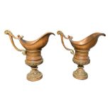 A LARGE PAIR OF NEO-CLASSICAL DESIGN CARVED WOOD & PARCEL GILT EWERS. (h 64cm)