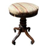 A 19TH CENTURY MAHOGANY PIANO STOOL With circular adjustable seat, raised on four scrolling legs. (h