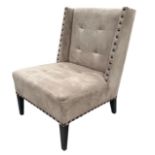 A CONTEMPORARY COPPER STUDDED AND SUEDE UPHOLSTERED BEDROOM CHAIR. (h 86cm x d 55cm x w 60cm) PLEASE