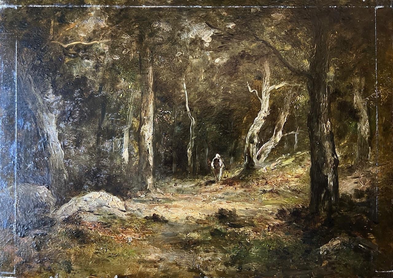 A 19TH CENTURY FRENCH SCHOOL IMPRESSIONIST OIL ON PANEL Woodland landscape with figure, held in a