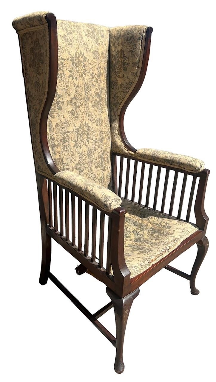 AN ART EDWARDIAN MAHOGANY WINGBACK UPHOLSTERED ARMCHAIR Raised on cabriole legs. (h 131cm x d 62cm x - Image 2 of 4