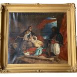 A LARGE 19TH CENTURY OIL ON CANVAS, ARABIAN INTERIOR SCENE, HASSAN DISCOVERING LEILA (MEMBER OF