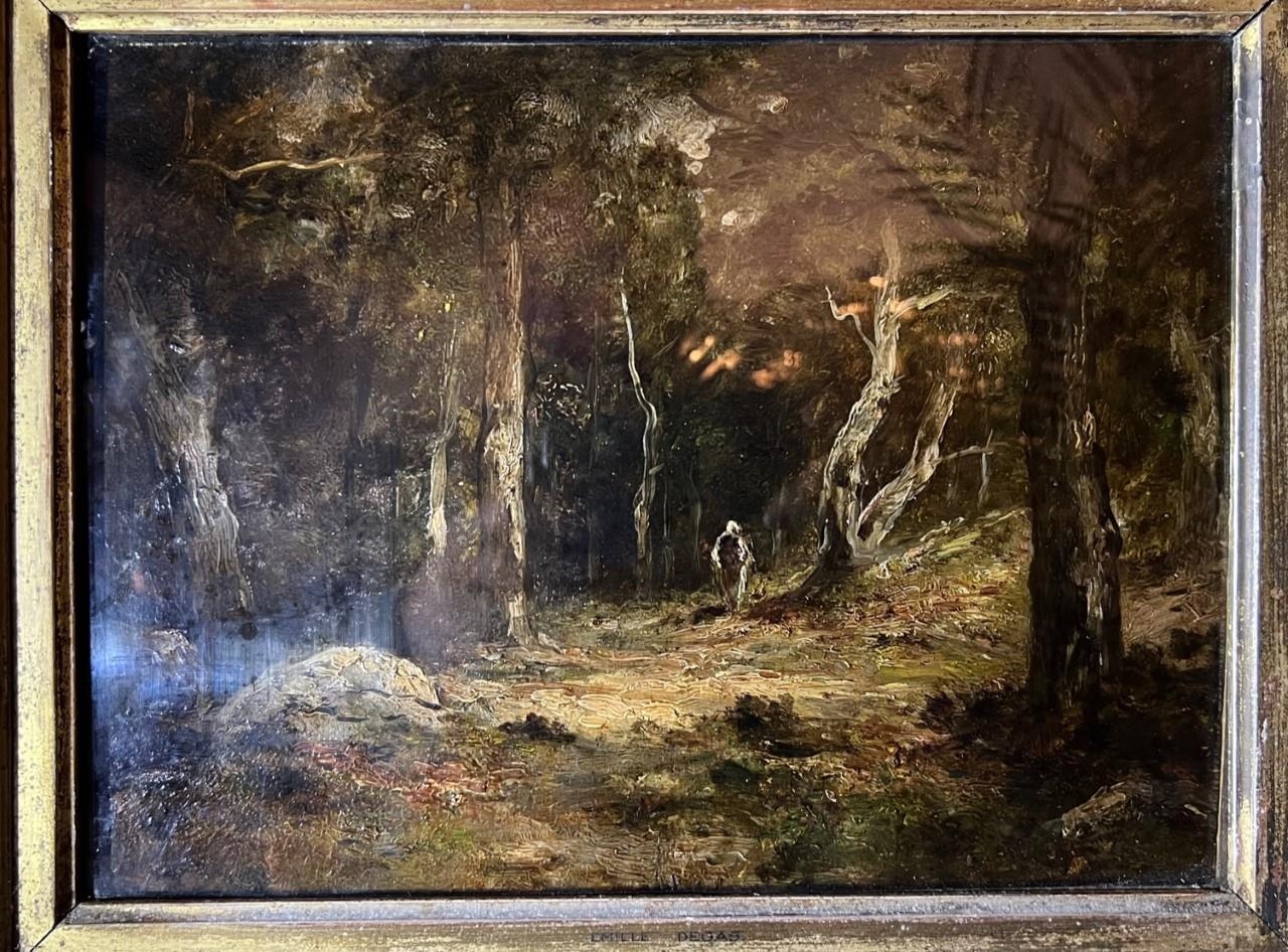 A 19TH CENTURY FRENCH SCHOOL IMPRESSIONIST OIL ON PANEL Woodland landscape with figure, held in a - Bild 2 aus 4