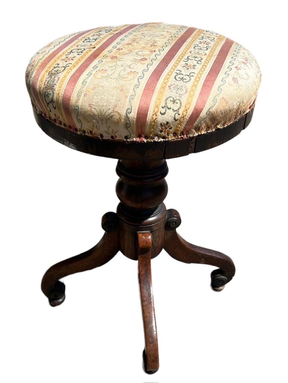A 19TH CENTURY MAHOGANY PIANO STOOL With circular adjustable seat, raised on four scrolling legs. (h - Image 2 of 2