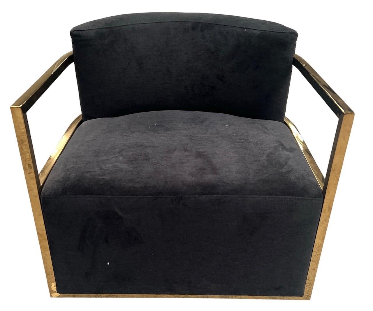 A EICHHOLTZ BRASS AND UPHOLSTERED ARMCHAIR. (h 69cm x d 78cm x w 76cm) PLEASE NOTE: YOU CAN VIEW