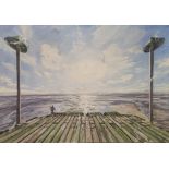 JOHN WONNACOTT, BN 1940, A LARGE OIL ON BOARD Landscape, coastal view, a pier with lampposts and
