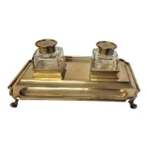 ELKINGTON, A LARGE VICTORIAN SILVER AND GLASS INKSTAND Twin glass bottles with hinged silver lids,