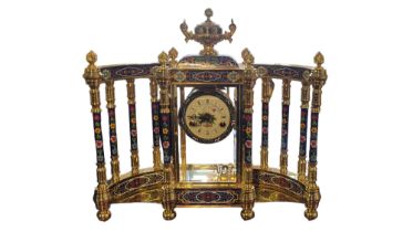 A LARGE FRENCH 19TH CENTURY STYLE GILDED AND ENAMELLED CLOISONNÉ MANTLE CLOCK With a central urn