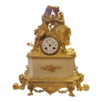 A 19TH CENTURY FRENCH FIGURAL ORMOLU AND MARBLE CLOCK With white enamelled dial, the elaborate