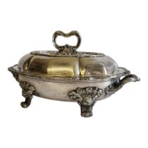 A LARGE 19TH CENTURY SHEFFIELD PLATE ENTREE DISH AND COVER Having a scrolled key handle,reeded