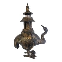 A LARGE GILT PLANISHED BRONZE CHINESE INCENSE BURNER IN THE FORM OF A CRANE WITH TEMPLE Three