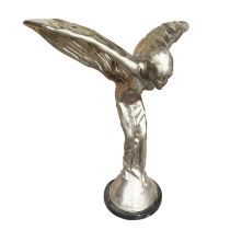 A LARGE SILVERED BRONZE STATUE, SPIRIT OF ECSTASY Supported on a black marble base. (62cm x 67cm)