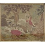 AN EARLY 19TH CENTURY EMBROIDERED WOOL AND SILK NEEDLEWORK PICTURE Garden view, family at harvest