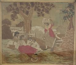 AN EARLY 19TH CENTURY EMBROIDERED WOOL AND SILK NEEDLEWORK PICTURE Garden view, family at harvest