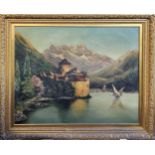 A VIEW OF CHILLON CASTLE, SWITZERLAND, C. 1900, LARGE OIL ON CANVAS Unsigned. Condition: small holes