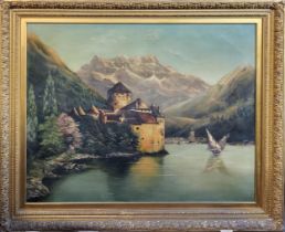 A VIEW OF CHILLON CASTLE, SWITZERLAND, C. 1900, LARGE OIL ON CANVAS Unsigned. Condition: small holes