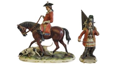 CAPODIMONTE, TWO VINTAGE ITALIAN BISQUE PORCELAIN FIGURES An equestrian figure wearing period attire