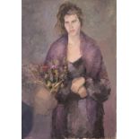 DANIEL, A 20TH CENTURY OIL ON CANVAS Portrait of a lady wearing a purple shawl with bouquet of