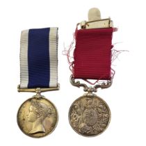 A PAIR OF SILVER VICTORIAN NAVAL AND ARMY WAR MEDALS FOR LONG SERVICE AND GOOD CONDUCT WITH