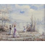 PIERRE DUBOIS, A 20TH/21ST CENTURY FRENCH OIL ON BOARD Ladies’ strolling by the riverside, signed,