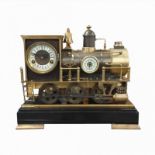 A LARGE 19TH CENTURY STYLE AUTOMATON BRONZE LOCOMOTIVE CLOCK, BAROMETER AND THERMOMETER Upon a track