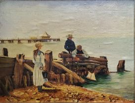 A 20TH CENTURY OIL ON ARTIST BOARD, COASTAL SCENE Figures with a pond yacht, bearing Agew and sons