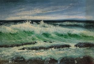 GOMES MARTINS, A 20TH CENTURY PORTUGUESE OIL ON CANVAS Seascape, wild sea in green and blue palette,