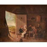 A 19TH CENTURY CONTINENTAL OIL ON CANVAS, TAVERN SCENE Gentlemen dressed in period attire smoking