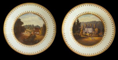 A PAIR OF SWANSEA CABINET PLATES Polychrome painted with a view of Underdown near Ledbury and