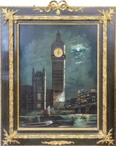 VIEW OF BIG BEN, AN EDWARDIAN MOTHER OF PEARL INLAID MUSICAL CLOCK Partially framed. (54cm x 66cm)