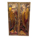 DUNHILL, 68, A PAIR OF MID 20TH CENTURY PRE RAPHAELITE STYLE COPPER AND ENAMELLED WALL PLAQUES