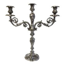 WALKER AND HALL, A LARGE VICTORIAN SILVER CANDELABRA Having two scrolled arms with embossed