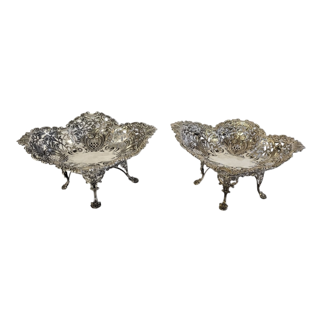 A LARGE PAIR OF VICTORIAN SILVER SWEETMEAT DISHES Lozenge form with fine scrolled floral border, - Image 2 of 3