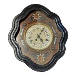 A 19TH CENTURY FRENCH VINEYARD CLOCK Cartouche form, the ebonised case with mother of pearl inlay,