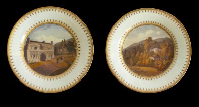 A PAIR OF SWANSEA CABINET PLATES Polychrome enamelled with a view of Ash Grove, Gt Malvern and