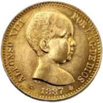 A 19TH CENTURY SPANISH 22CT GOLD 20 PESETAS COIN, DATED 1887 With bust of Alfonso XIII with coat